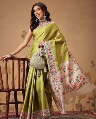Lime woven art silk traditional saree with blouse piece 4