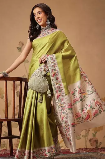 Lime woven art silk traditional saree with blouse piece