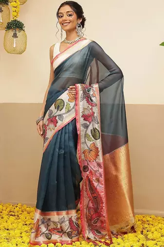 Teal printed silk blend ethnic saree with blouse piece