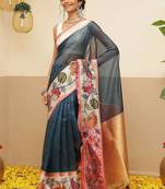 Teal printed silk blend ethnic saree with blouse piece