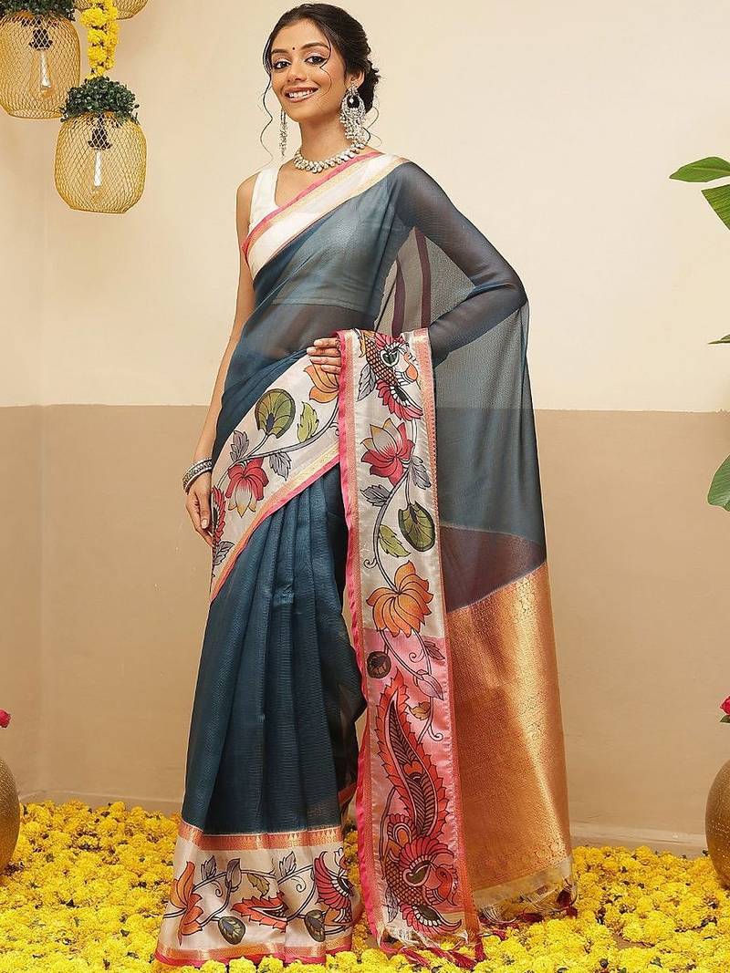 Teal printed silk blend ethnic saree with blouse piece
