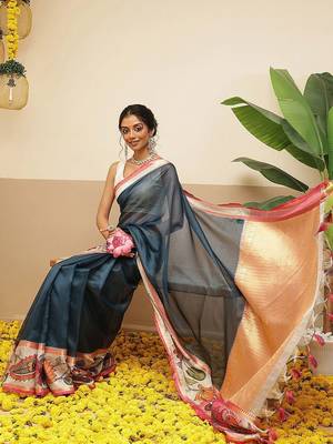 Teal printed silk blend ethnic saree with blouse piece 2