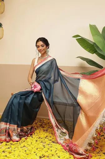 Teal printed silk blend ethnic saree with blouse piece