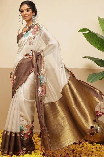 Off white printed silk blend ethnic saree with blouse piece