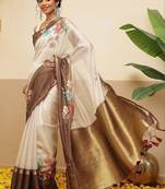 Off white printed silk blend ethnic saree with blouse piece