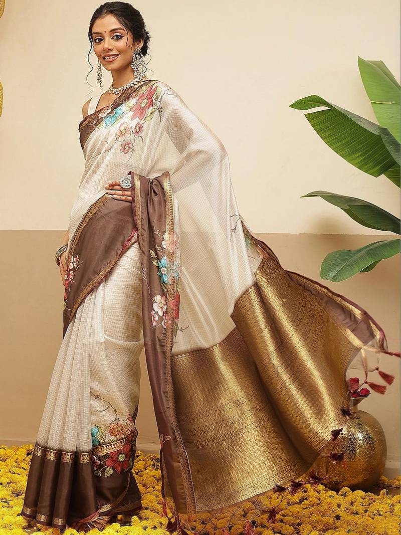 Off white printed silk blend ethnic saree with blouse piece
