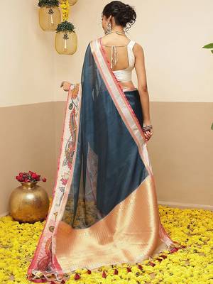 Teal printed silk blend ethnic saree with blouse piece 3