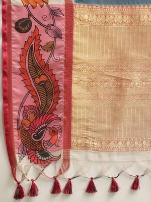 Teal printed silk blend ethnic saree with blouse piece 4