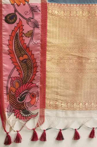 Teal printed silk blend ethnic saree with blouse piece