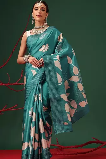 Teal printed art silk ethnic saree with blouse piece