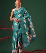 Teal printed art silk ethnic saree with blouse piece