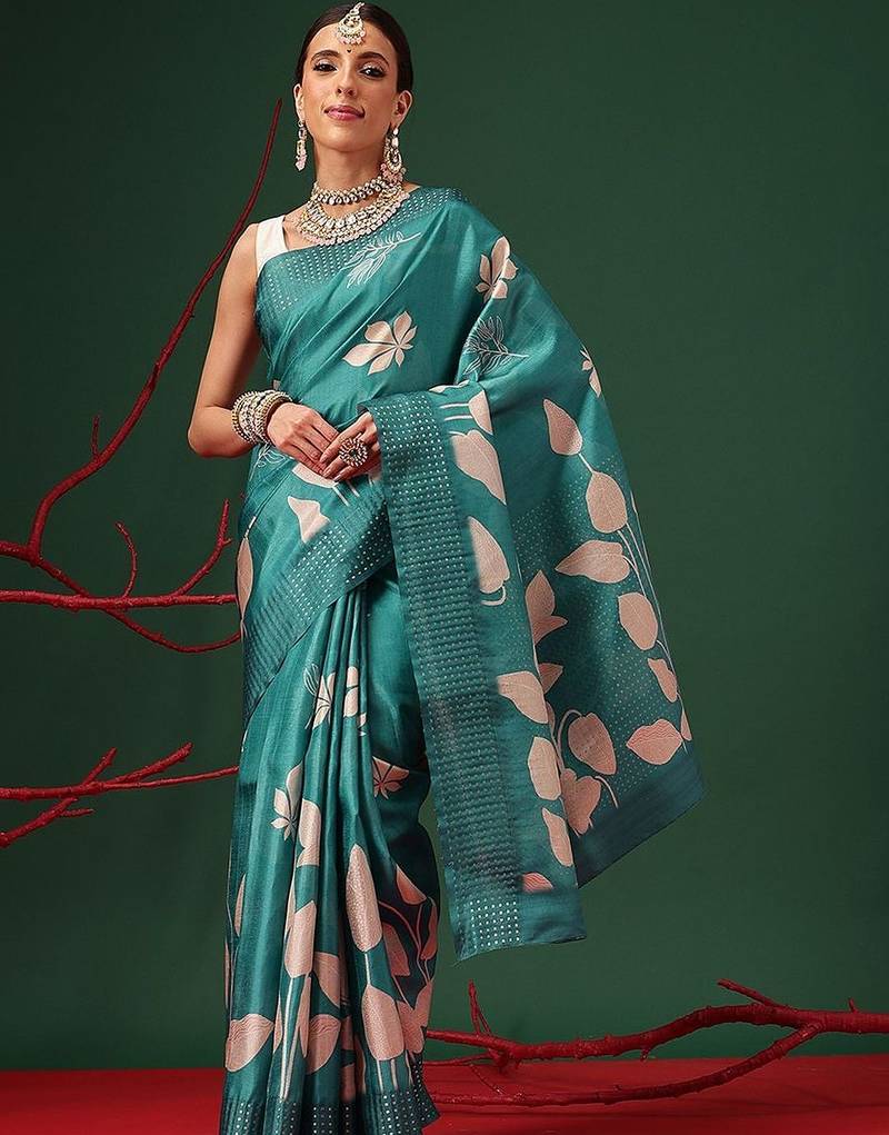 Teal printed art silk ethnic saree with blouse piece
