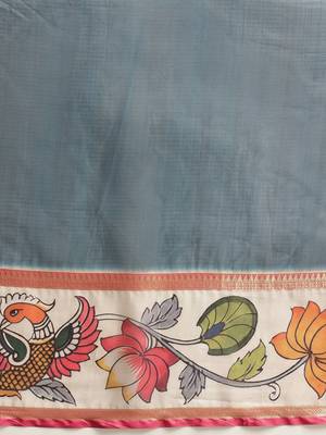 Teal printed silk blend ethnic saree with blouse piece 5