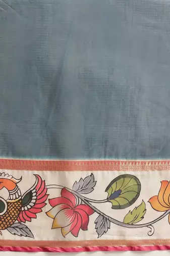 Teal printed silk blend ethnic saree with blouse piece