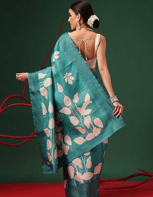 Teal printed art silk ethnic saree with blouse piece 2