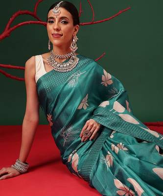 Teal printed art silk ethnic saree with blouse piece 3