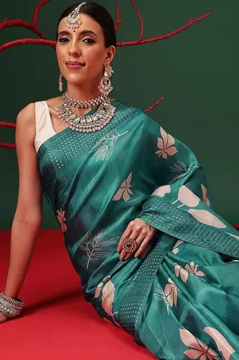 Teal printed art silk ethnic saree with blouse piece