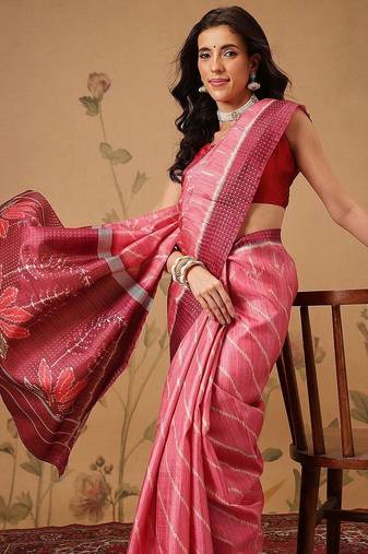 Pink printed art silk ethnic saree with blouse piece