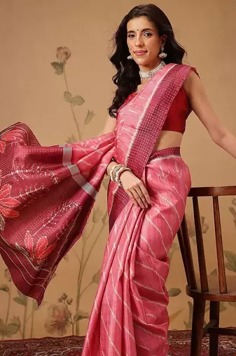 Pink printed art silk ethnic saree with blouse piece