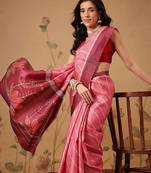 Pink printed art silk ethnic saree with blouse piece