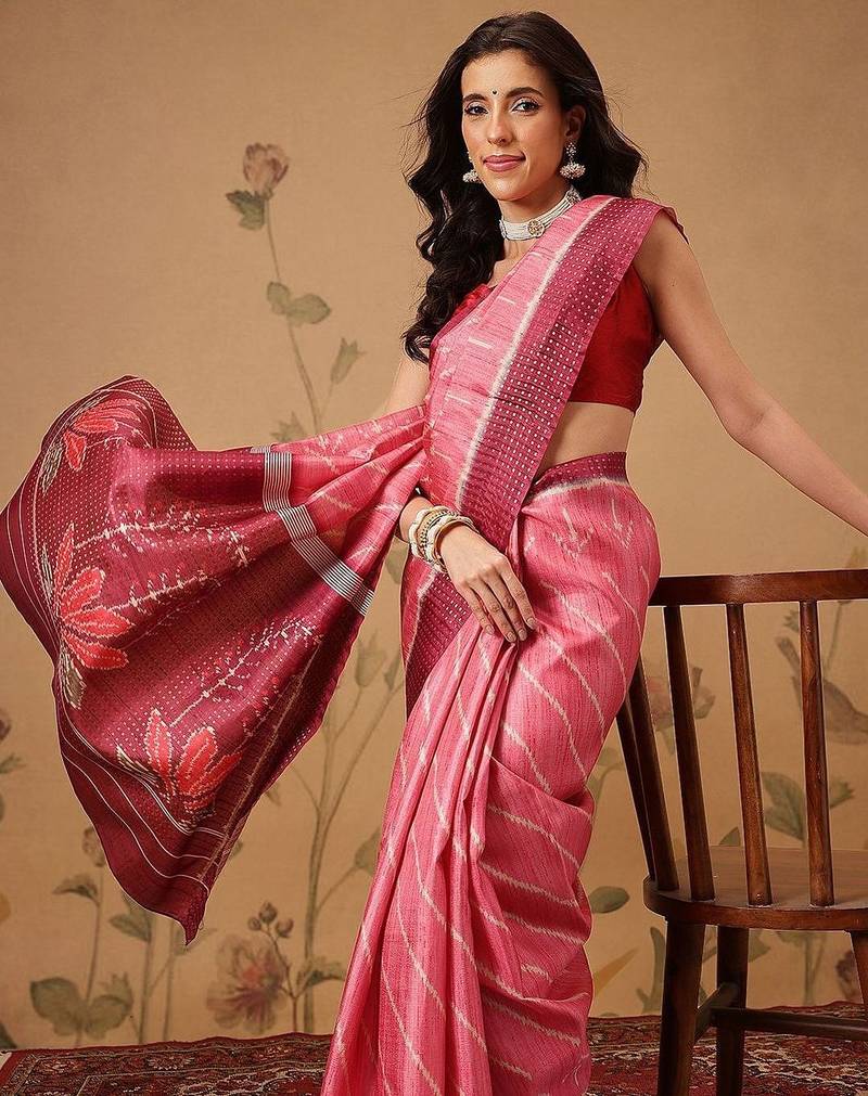 Pink printed art silk ethnic saree with blouse piece