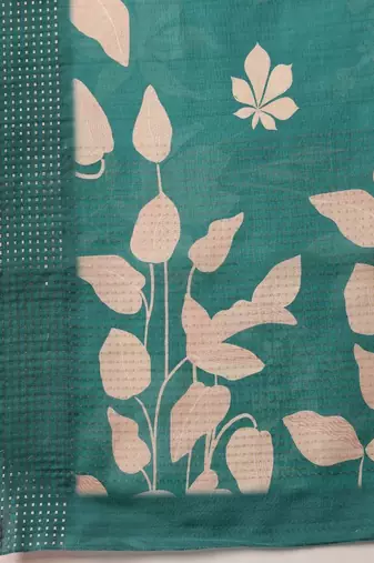 Teal printed art silk ethnic saree with blouse piece