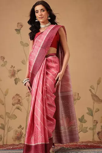 Pink printed art silk ethnic saree with blouse piece