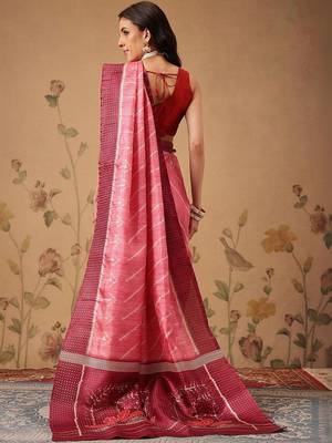 Pink printed art silk ethnic saree with blouse piece 3
