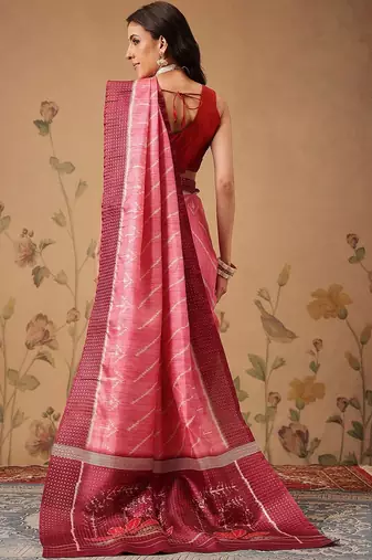 Pink printed art silk ethnic saree with blouse piece