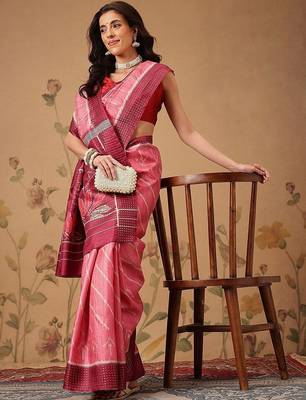 Pink printed art silk ethnic saree with blouse piece 4