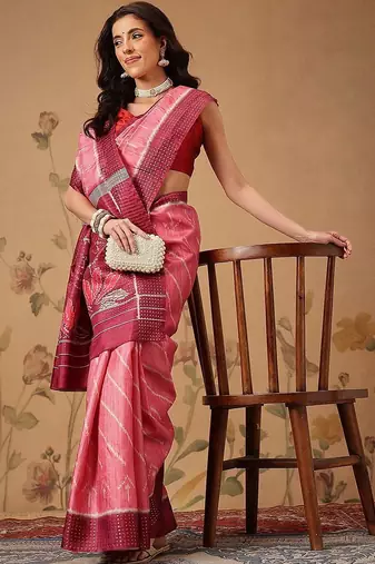 Pink printed art silk ethnic saree with blouse piece