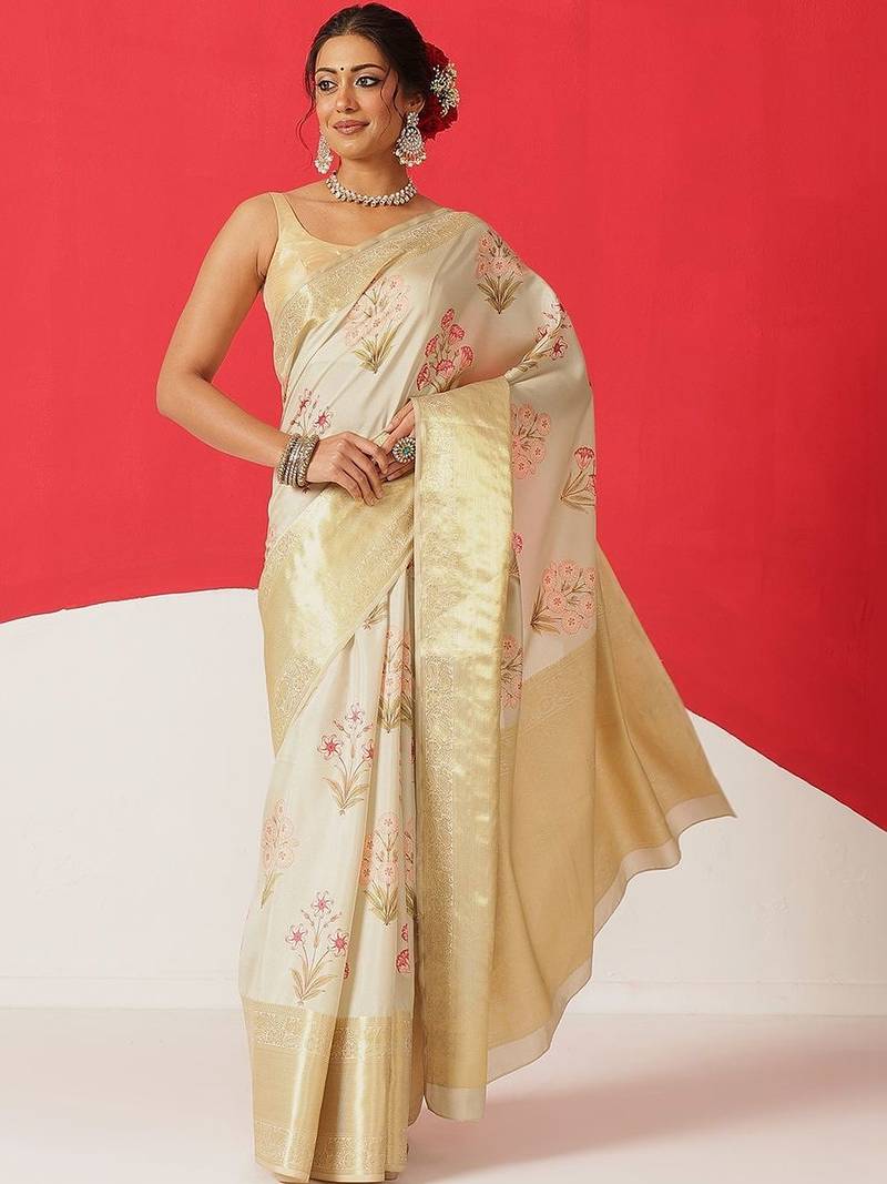 Cream printed tissue traditional saree with blouse piece