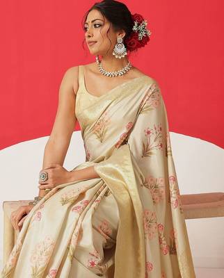 Cream printed tissue traditional saree with blouse piece 2