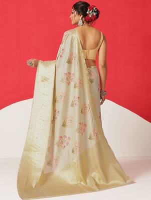 Cream printed tissue traditional saree with blouse piece 3