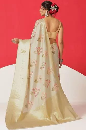 Cream printed tissue traditional saree with blouse piece