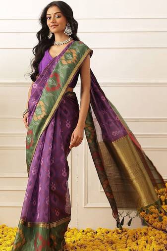 Purple woven silk blend ethnic saree with blouse piece