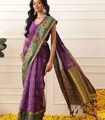 Purple woven silk blend ethnic saree with blouse piece
