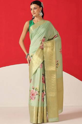 Sea green printed tissue traditional saree with blouse piece