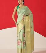 Sea green printed tissue traditional saree with blouse piece