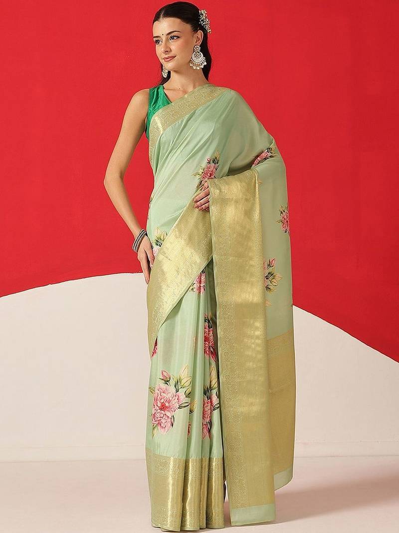 Sea green printed tissue traditional saree with blouse piece