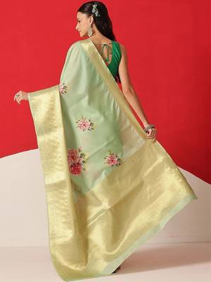 Sea green printed tissue traditional saree with blouse piece 2