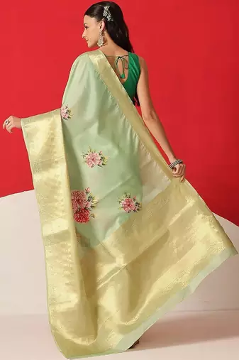 Sea green printed tissue traditional saree with blouse piece
