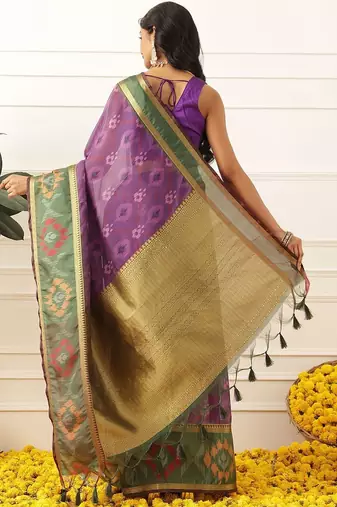 Purple woven silk blend ethnic saree with blouse piece