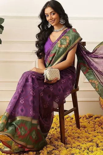 Purple woven silk blend ethnic saree with blouse piece