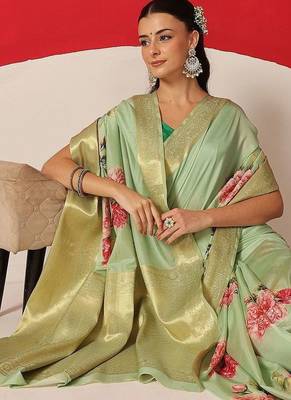 Sea green printed tissue traditional saree with blouse piece 3
