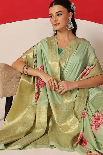 Sea green printed tissue traditional saree with blouse piece
