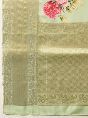Sea green printed tissue traditional saree with blouse piece 5