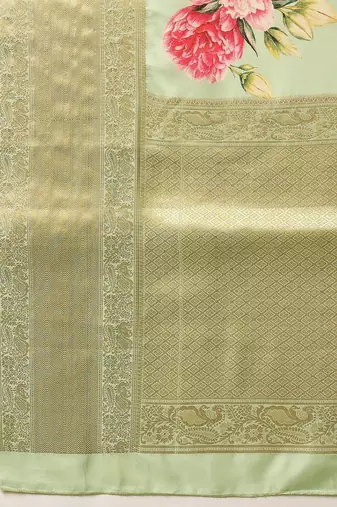 Sea green printed tissue traditional saree with blouse piece