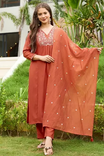 Orange rayon silk sequin embroidered v neck kurta set with chanderi dupatta