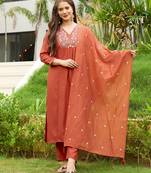 Orange rayon silk sequin embroidered v neck kurta set with chanderi dupatta
